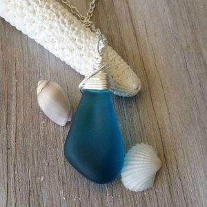 Wire Wrapped Teal Blue Sea Glass Necklace Women Jewelry Gift
